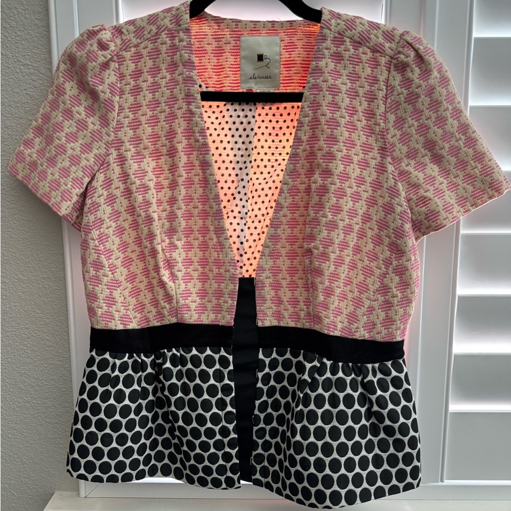 Elevenses Pink and Black Peplum Blouse Short Sleeve